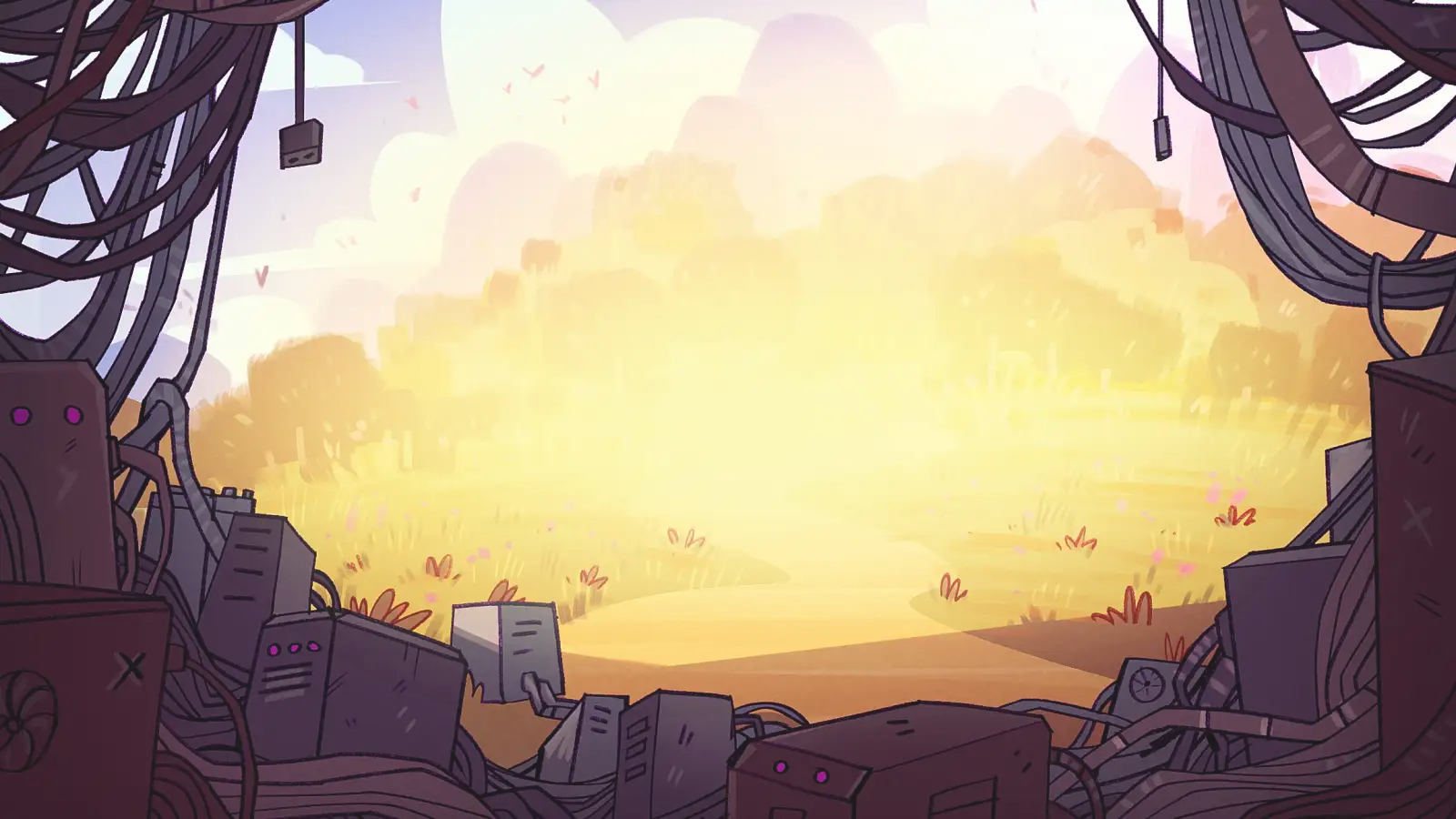 Blick aus dunklem Kabelsalat hinaus auf eine sch&ouml;ne Naturlandschaft mit Feldweg