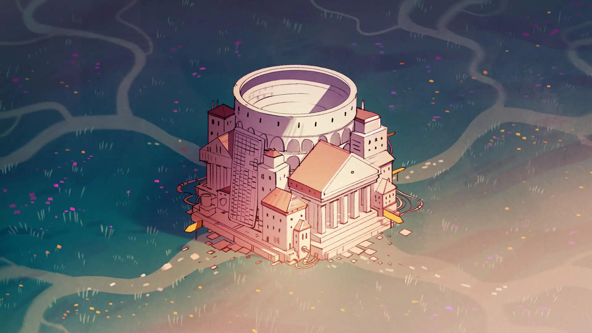 Ein kompaktes Stadtgebilde mit Kolosseum und r&ouml;mischer Architektur inklusive Tastatur mit vielen Wegen in alle Himmelsrichtungen