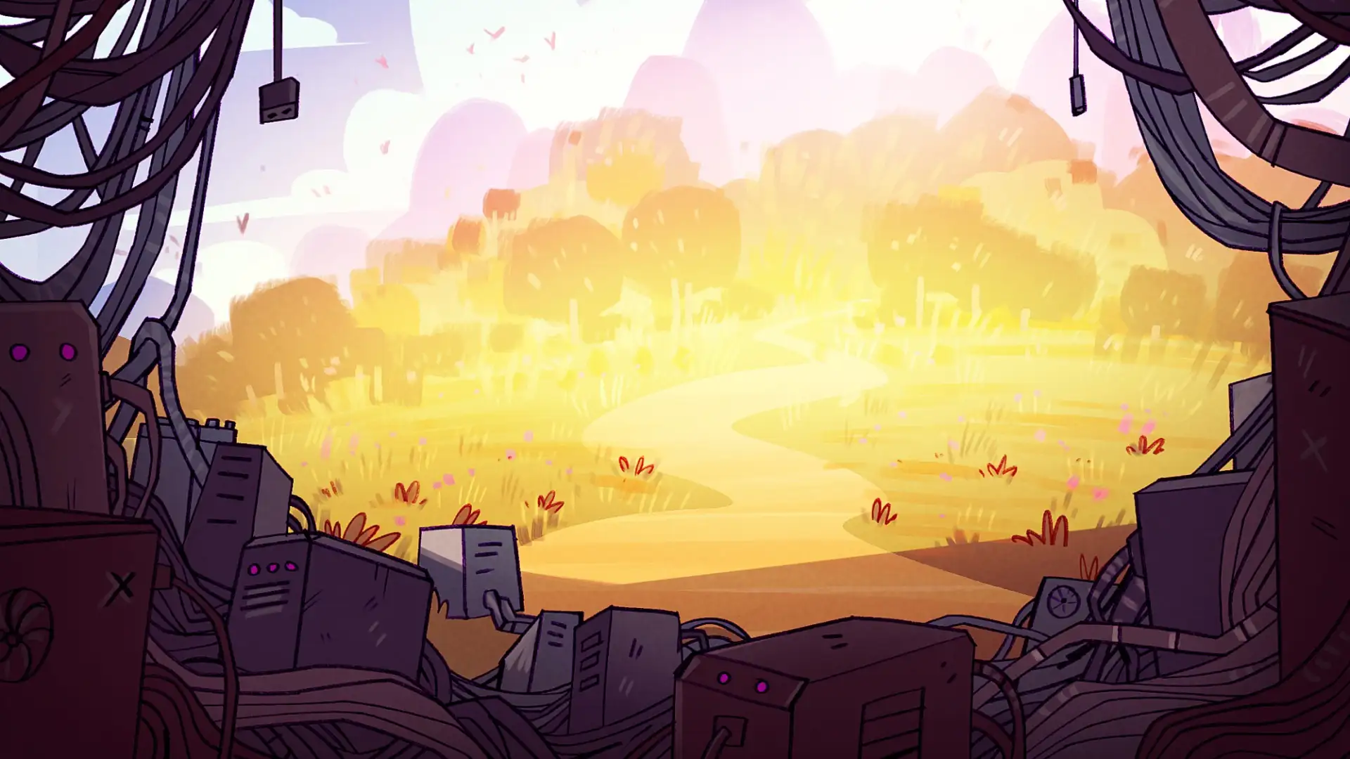 Blick aus dunklem Kabelsalat hinaus auf eine sch&ouml;ne Naturlandschaft mit Feldweg