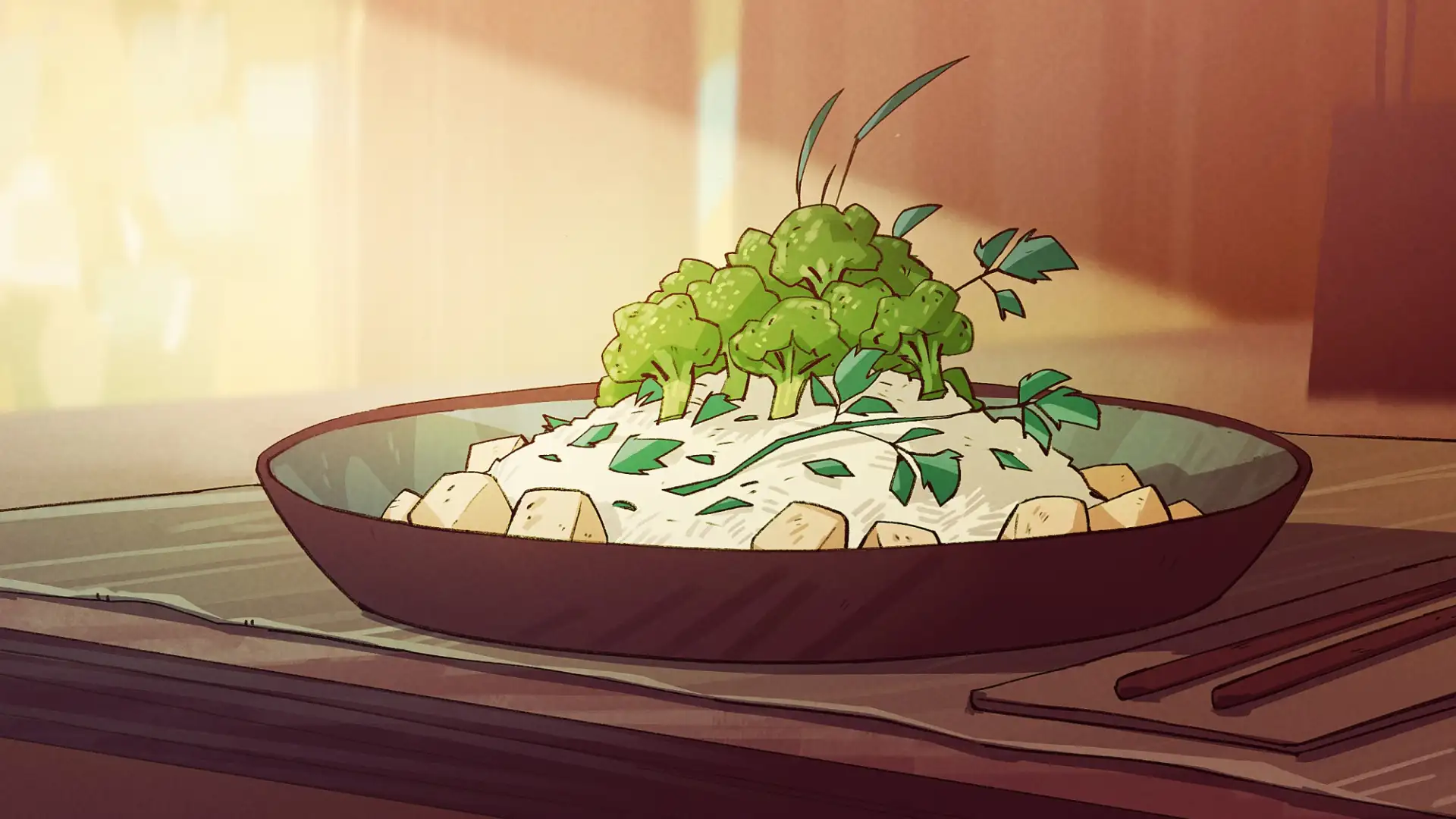 Leckere Bowl mit Tofu und Brokkoli-Wald Topping