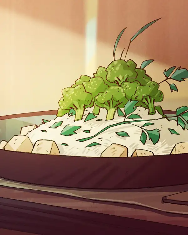 Leckere Bowl mit Tofu und Brokkoli-Wald Topping