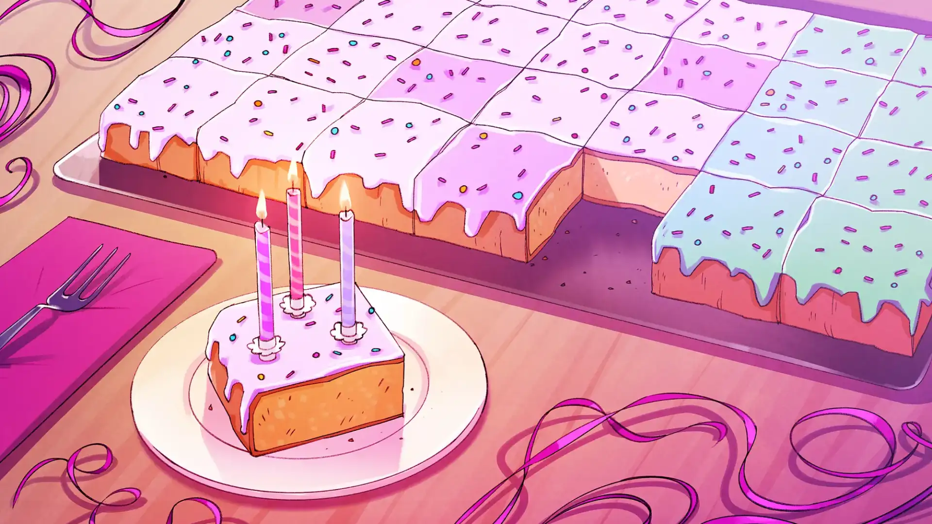 Ein rechteckiger, bunt glasierter Blechkuchen mit Streuseln steht auf einem Tisch, angeschnitten in 7 mal 4 Reihen wie ein Kalender. Daneben ein abgeschnittenes St&uuml;ck auf einem Teller mit drei brennenden Kerzen. Um den Kuchen herum liegen rosa Servietten, eine Gabel und dekorative Geschenkband-Schleifen.