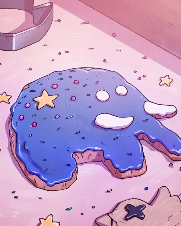 Leckerer, blauer Mastodon-Cookie neben drei sehr trocken aussehenden Twitter-Cookies