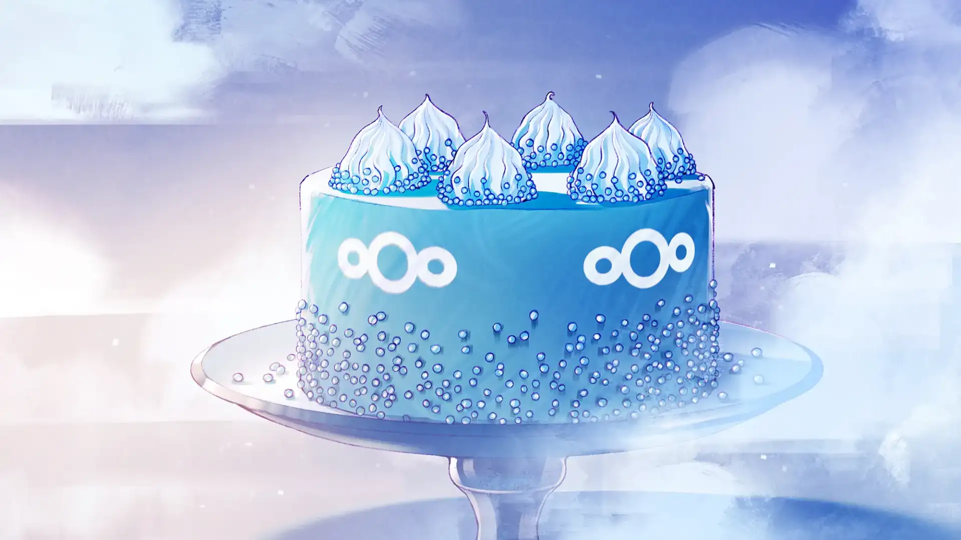 Alt-Text: Eine stilisierte, blau glasierte Torte steht auf einem eleganten Tortenst&auml;nder. Oben ist sie mit mehreren kleinen, wei&szlig;en Baisers dekoriert, die mit blauen Zuckerk&uuml;gelchen verziert sind. Auch der Rand der Torte ist mit solchen K&uuml;gelchen bestreut. Auf der Seite der Torte ist mehrfach das Nextcloud-Logo in Wei&szlig; zu sehen.