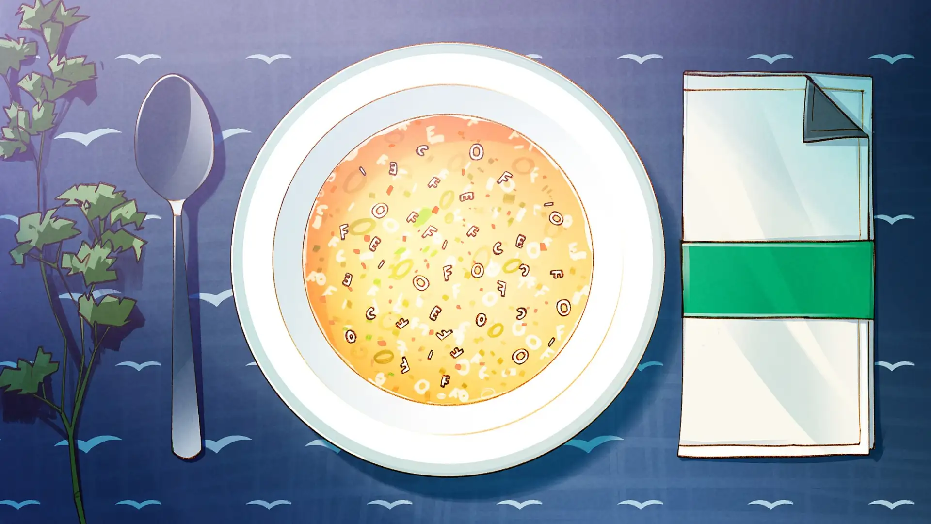 Leckere Buchstabensuppe auf einem Tisch mit Tischdecke in Meer-Optik und Serviette im Libre-Office-Look