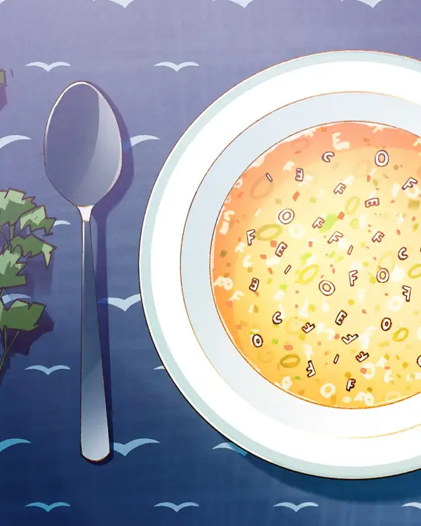 Leckere Buchstabensuppe auf einem Tisch mit Tischdecke in Meer-Optik und Serviette im Libre-Office-Look