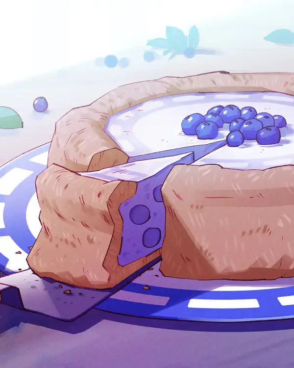 Leckere Blaubeer-Torte wird angeschnitten und serviert, der Teller darunter erinnert an das Logo von Signal