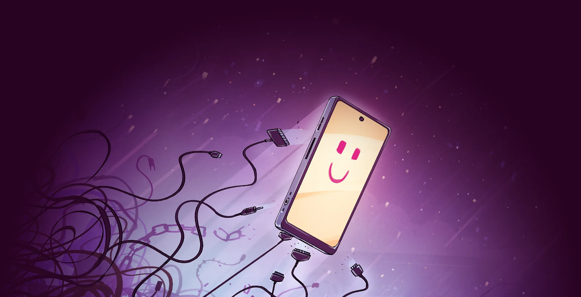 Fr&ouml;hliches Smartphone vor galaktischem Hintergrund, das sich vom Zwang der Kabel befreit